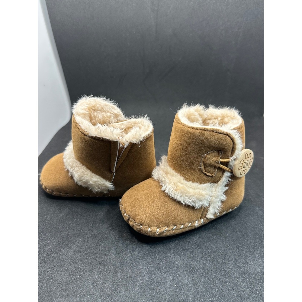 Toddler Baby Girls Boys Brown Suede Faux Fur Lined Boots With Button Accent‎